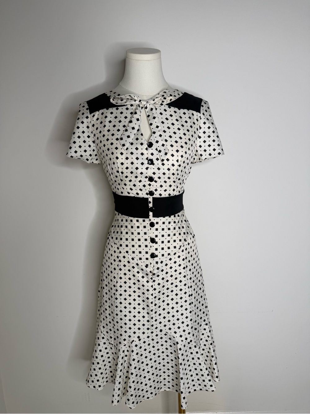 Chadwicks Black and White Polka Dot Tie-Neck Midi Dress